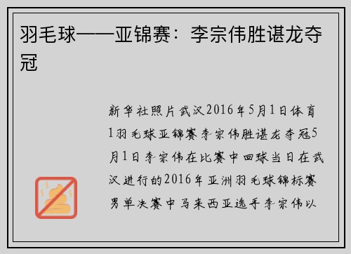 羽毛球——亚锦赛：李宗伟胜谌龙夺冠